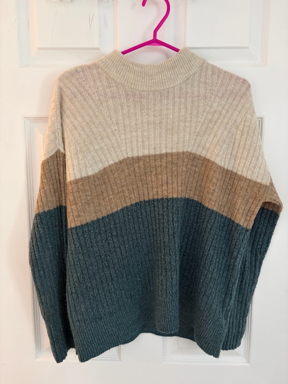 Reitmans Ribbed Colorblock Turtleneck Sweater - Cream, Brown & Teal